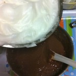 whites into chocolate yolk mixture 150x150 Super Soft Chocolate Sponge Fudge Cake