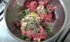 home made beef burger add ingredients 300x180 Home Made Beef Burger with Smokey Beef Patties 