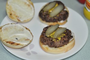 home made beef burger pickle 300x199 Home Made Beef Burger with Smokey Beef Patties 