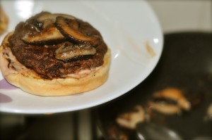 home made beef burger sauteed mushroom topping 300x199 Home Made Beef Burger with Smokey Beef Patties 