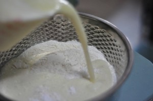 roti jala recipe - pour wet ingreients into flour