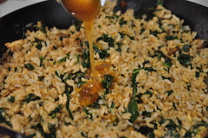 kale fried rice add sauces Kale Fried Rice made with Brown Rice, Egg and Mushrooms