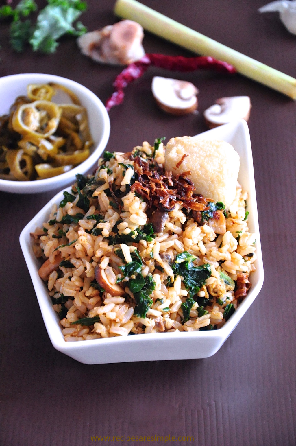 Kale Fried Rice made with Brown Rice, Egg and Mushrooms